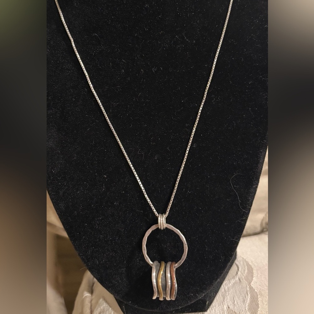 Sterling Silver 925 Chain & Pendant Necklace Silver & Brass Hoop Pendant